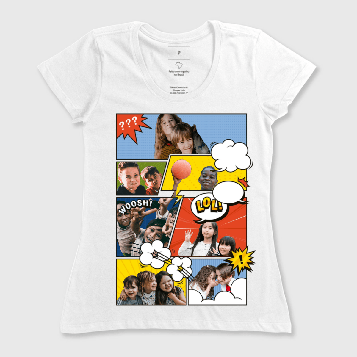 Mockup de camiseta personalizada com estampa no estilo quadrinhos, perfeita para fãs de aventuras e arte retrô.