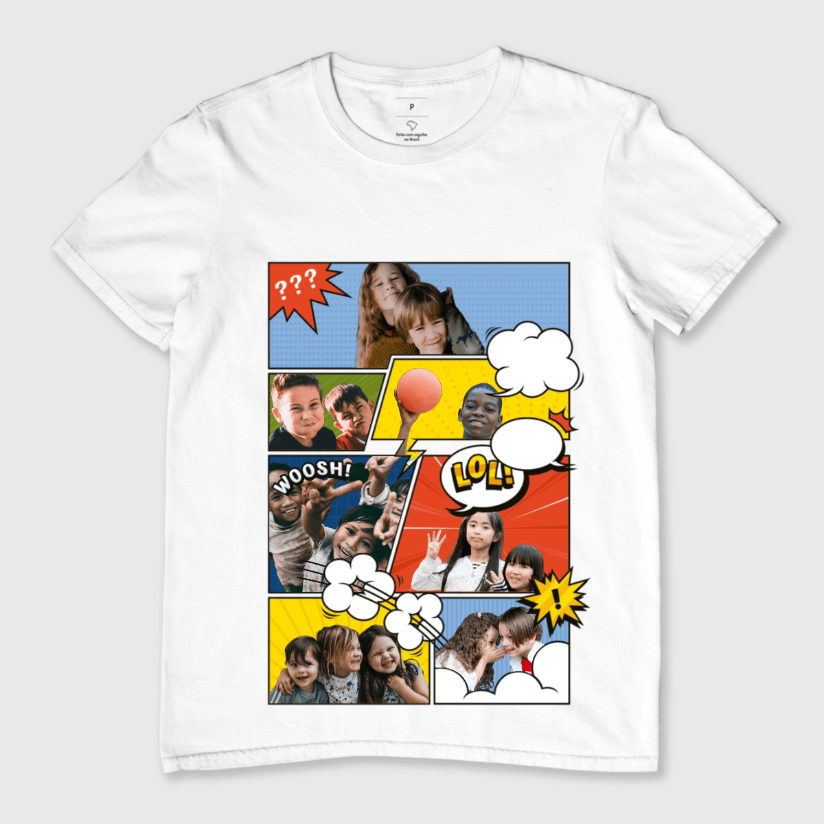 Mockup de camiseta personalizada com estampa no estilo quadrinhos, perfeita para fãs de aventuras e arte retrô.