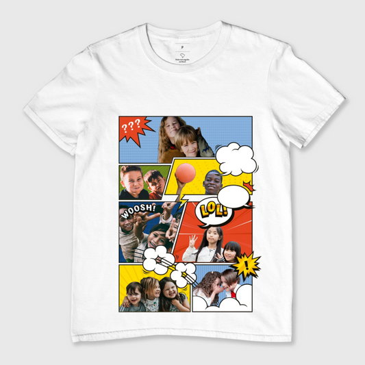 Mockup de camiseta personalizada com estampa no estilo quadrinhos, perfeita para fãs de aventuras e arte retrô.