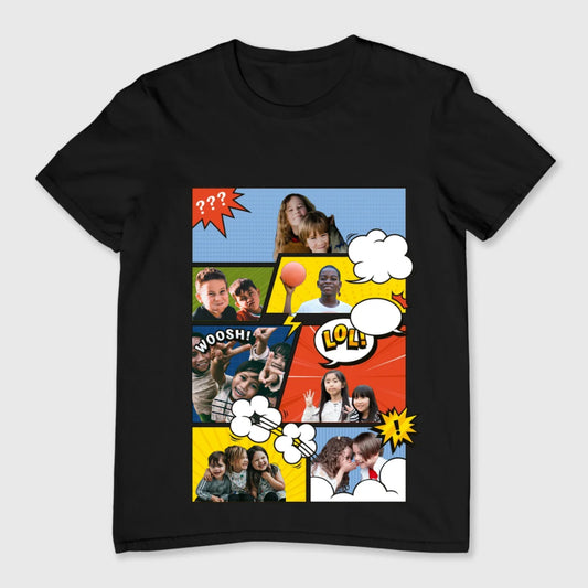 Mockup de camiseta personalizada com estampa no estilo quadrinhos, perfeita para fãs de aventuras e arte retrô.