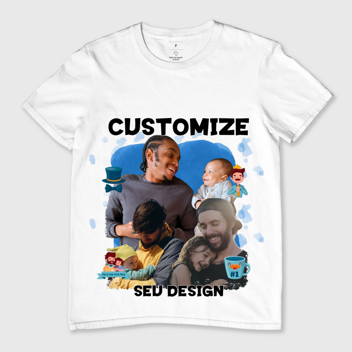 Camiseta personalizada para o Dia dos Pais, com designs exclusivos que permitem incluir nomes, fotos ou mensagens cheias de significado. Um presente especial para homenagear o amor e os momentos compartilhados!